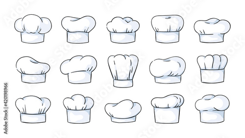 Cook hat. Cartoon cooker headwear, white cap. Headdress of chef. Traditional bakery or restaurant uniform. Starched cotton headgear set. Vector classical accessories for work in kitchen
