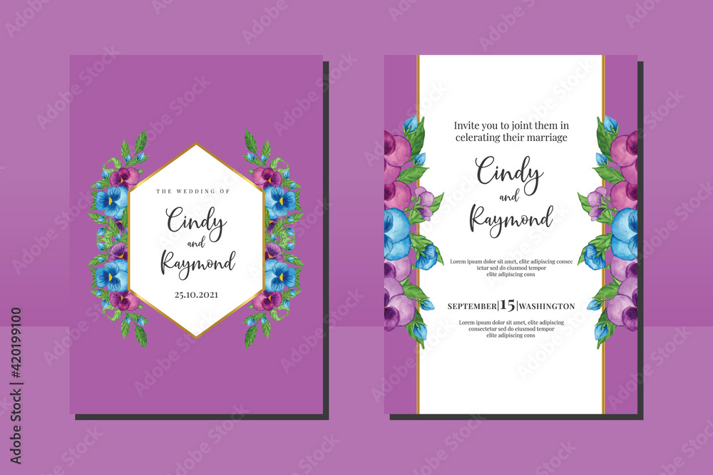 Wedding invitation frame set, floral watercolor hand drawn Pansy Flower design Invitation Card Template