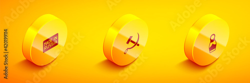 Set Isometric Made in Russia, Hammer and sickle USSR and Russian doll matryoshka icon. Vector