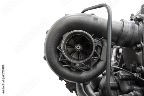 Close-up of diesel engine turbocharger