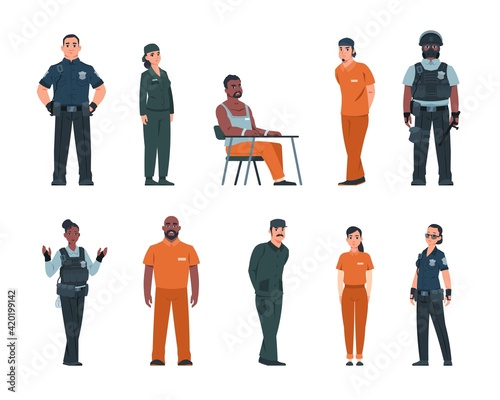 Cope and bandit. Police officers and arrested people in handcuffs. Convicted men or women wear orange uniform in jail. Prison staff guard criminals. Vector prisoners and policemen set