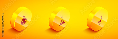 Set Isometric Moon with flag, Balalaika and Ice hockey stick and puck icon. Vector