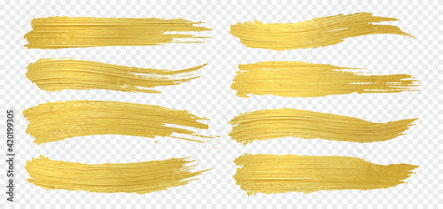 Golden paint. Realistic gold brush smudges. Yellow metallic smears on transparent background. Decorative glittering brushstrokes set. Luxury horizontal splashes. Vector foil texture