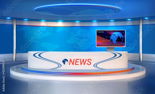 News room. Realistic studio for recording TV programs. 3D newscaster's table and presentation monitor, spotlight and world map. Vector television broadcasting of streaming reportage