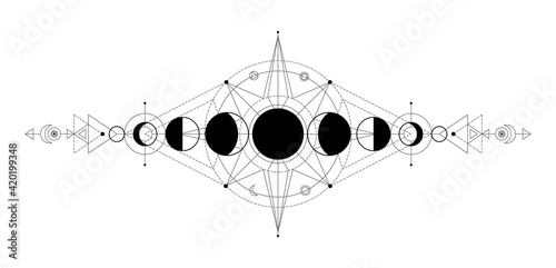 Moon phases. Astrology celestial symbols. Mystical black and white pictogram. Abstract sketch of lunar cycle. Decorative occult tattoo, cosmic sign. Vector engraving mysterious space icon
