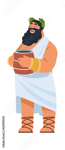 God Dionysus. Ancient Greek deity, divine patron of winemaking. Cartoon bearded fat man in toga holding wine barrel. Member of Olympic pantheon. Vector laughing religious character