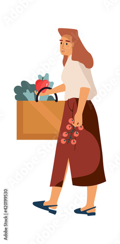 Woman at grocery store. Shopping concept. Cartoon female making purchases. Isolated girl carrying bags with food products. Vector character buys fruit and vegetables in greengrocer shop