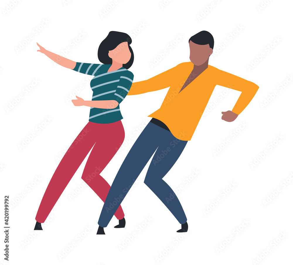 Man and woman performing dance. Cartoon couple dancing together. Choreographic lesson. People in club or music festival. Isolated characters motions. Vector minimalist illustration