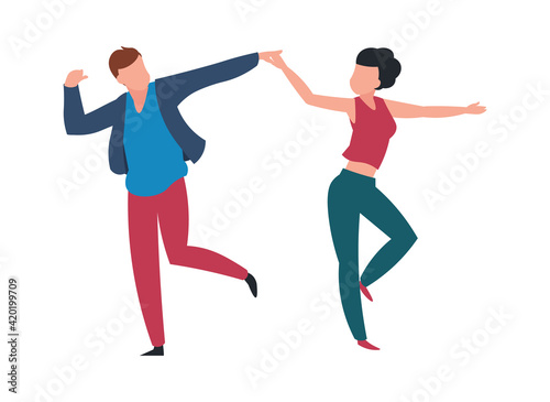 Dancing couple. Cartoon pair at choreography lesson. Cheerful people move holding hands. Isolated dancers resting together at nightclub party or music festival. Vector illustration © SpicyTruffel