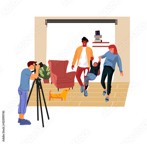 Family photo session. Cartoon photographer taking pictures of happy parents and child. Man professional shooting photography in studio. Cute people posing with dog, vector illustration