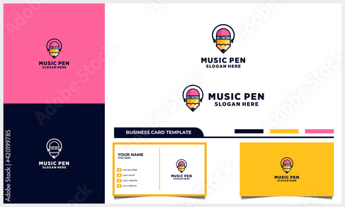 pencil with earphone, headphone logo concept and business card template