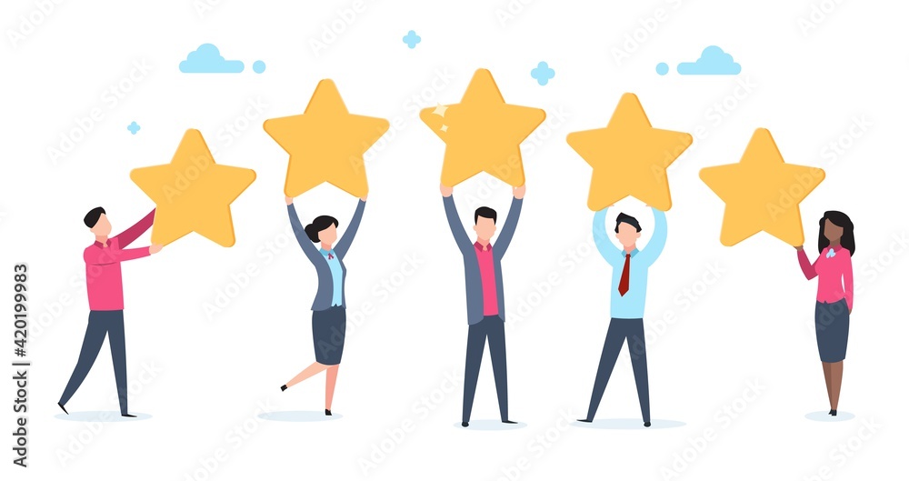 5 star rating. Flat people holding five golden stars. Social media product review, men and women vote online, customer rating quality and feedback vector concept isolated on white background