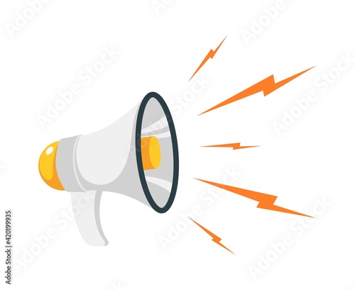 Loudspeaker. Cartoon megaphone and noise with lightning. Device for public speaking. Broadcasting promotion announces and messages. White voice amplifier. Vector sign of sound volume