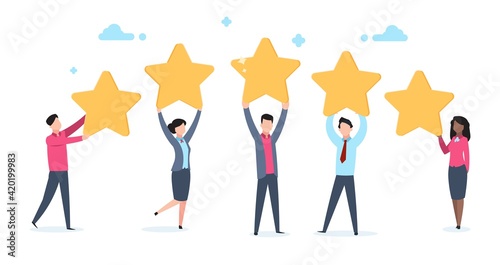 5 star rating. Flat people holding five golden stars. Social media product review, men and women vote online, customer rating quality and feedback vector concept isolated on white background