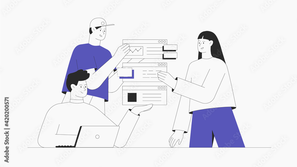 Men and women taking part in business meeting, generate ideas and testing app. Business brainstorming, UI UX design concept of creating an application. Modern flat outline style.