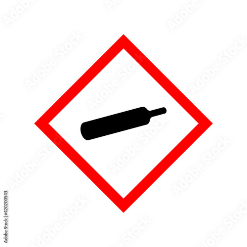 Compressed gas warning sign. Vector illustration of red border square sign with bottle icon inside. Dangerous zone. Risk of explosion and damaging body. Caution hazardous substances. Liquefied gas.