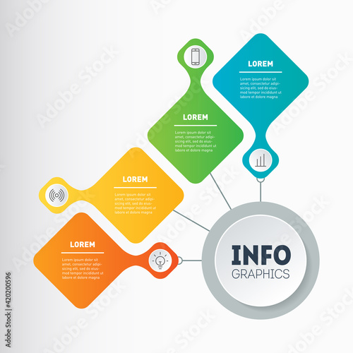 Business presentation or infographic with 4 options. Template of a chart, mindmap or 4-steps diagram. Dynamic infographics or mind map of technology or education process with four steps.