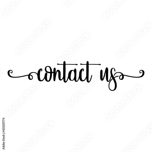 Banner con texto manuscrito contact us escrito a mano con florituras en color negro