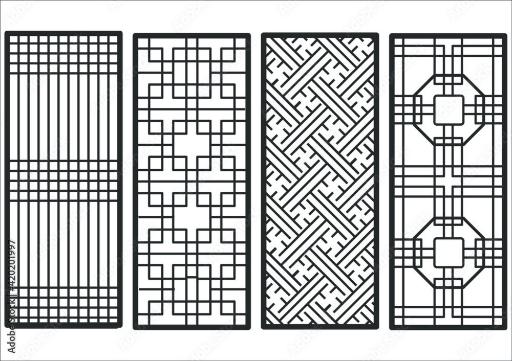 Traditional korean ornament frame pattern. Set of door and window antique decoration art vector illustration.