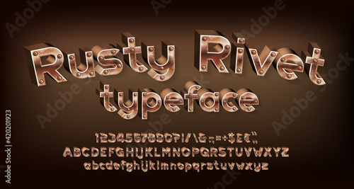 Rusty Rivet alphabet font. Steampunk 3D letters, numbers and punctuations. Uppercase and lowercase. Stock vector typescript for your design.