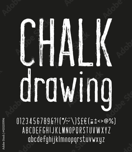 Chalk Drawing alphabet font. Hand drawn narrow uppercase and lowercase letters, numbers and punctuations. Stock vector typescript for your design.