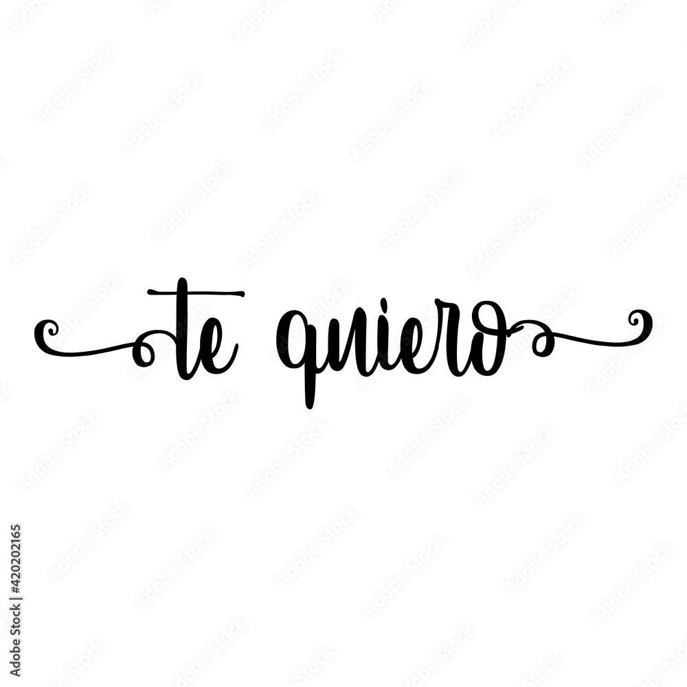 Día de San Valentín. Banner con texto manuscrito te quiero en español escrito a mano con florituras en color negro Día de San Valentín. Banner con texto manuscrito te quiero en español escrito a mano con florituras en color negro