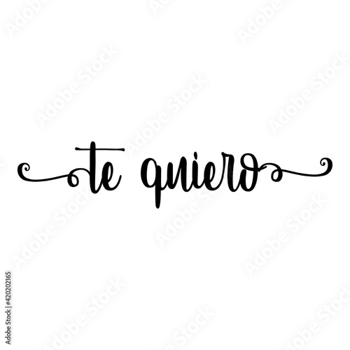 Día de San Valentín. Banner con texto manuscrito te quiero en español escrito a mano con florituras en color negro