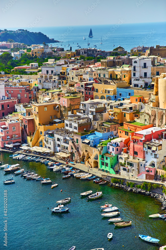 Small boats in port on a Bay of Procida island, Naples, Italy