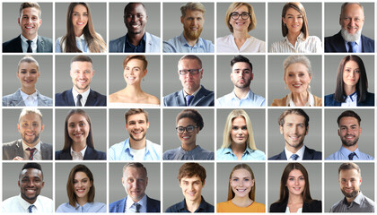 Happy group of multiethnic business people men and women. Different young and old people group headshots in collage. Multicultural faces looking at camera.