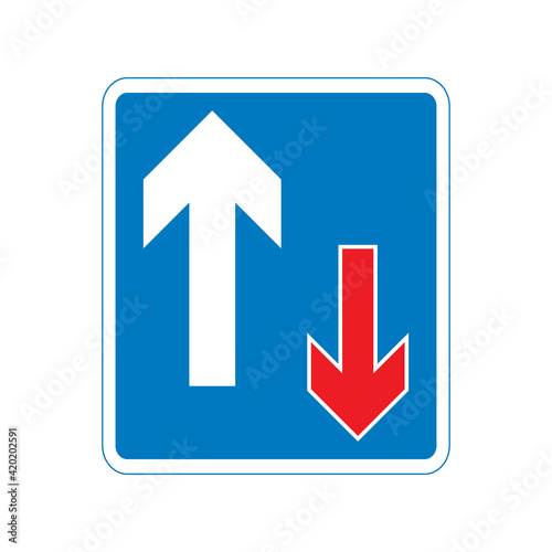 Traffic has priority over vehicles coming from the opposite direction. Priority over oncoming vehicles traffic sign. Vector illustration of blue board with two arrows icon inside. Priority symbol.