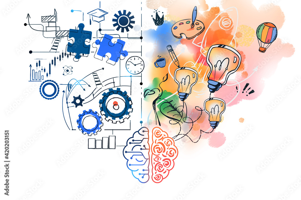 Brain sketch with two different sides of thinking Brain sketch with two different sides of thinking