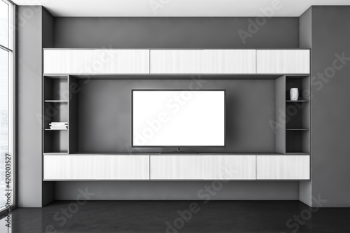 Modern interior. Television mockup screen in wooden and grey room