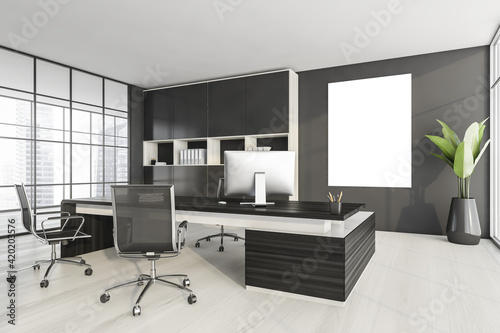 Mockup frame in black and white manager room with furniture