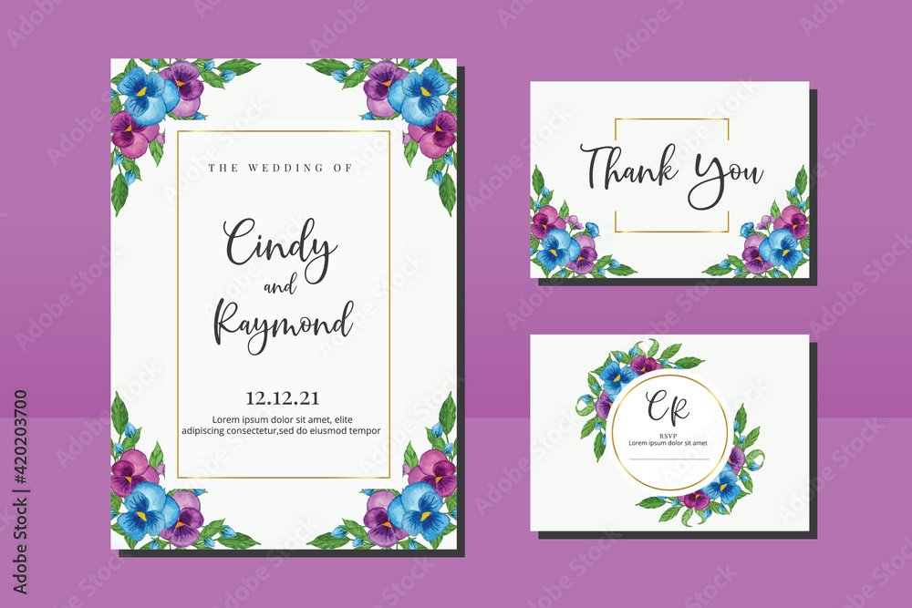 Wedding invitation frame set, floral watercolor hand drawn Pansy Flower design Invitation Card Template