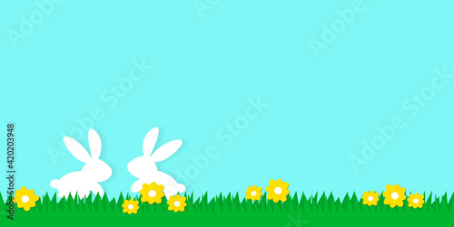 two white rabbits on a green spring lawn, template with copy space for card, invitation or banner