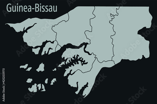 Contour vector map of Guinea Bissau with the designation of the administrative borders of the regions on a dark background.