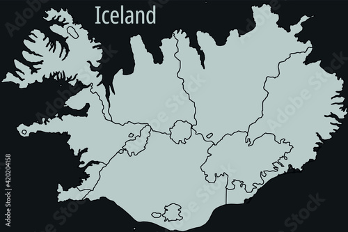 Contour vector map of Iceland with the designation of the administrative borders of the regions on a dark background.