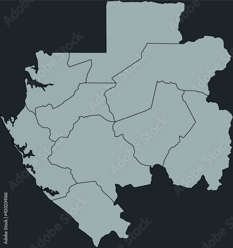 Contour vector map of Gabon with the designation of the administrative borders of the regions on a dark background.