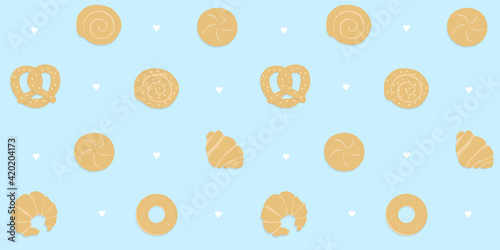 Simple bakery pastry seamless vector pattern. Flat style hand-drown baking goodies such as cinnamon roll, wheat bun, croissant and pretzel on blue background with white hearts. Wrapping paper bakery.