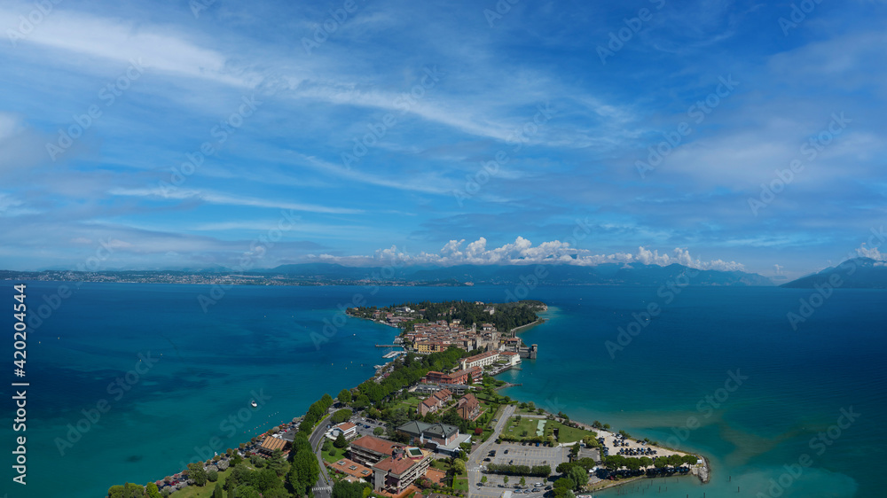 Panoramic view of the resort town of Sirmione, Lake Garda, Italy. Sirmione, Lake Garda, Italy.