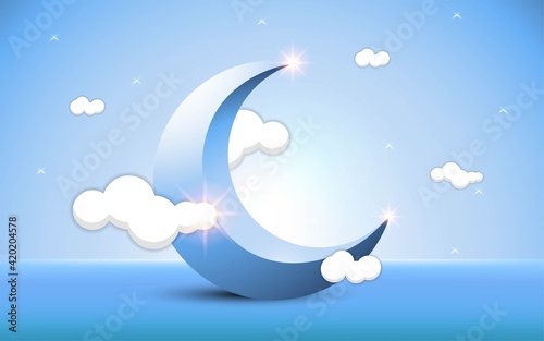 luxurious Ramadan kareem background with crescent moon blue and clouds