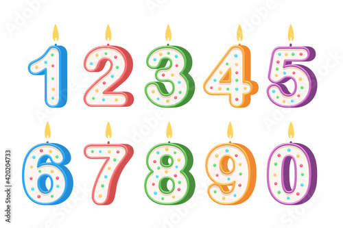 Birthday candles in the form of numbers. Template set of symbols for invitation to the anniversary. Vector flat design isolated on white background