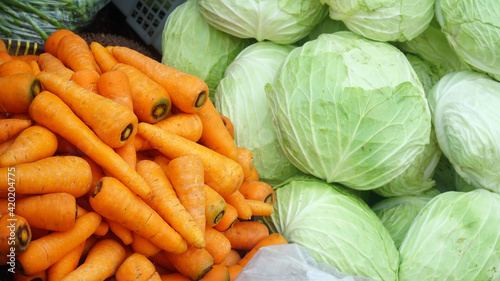 Fresh vegetable cabbage and carrots at the Market