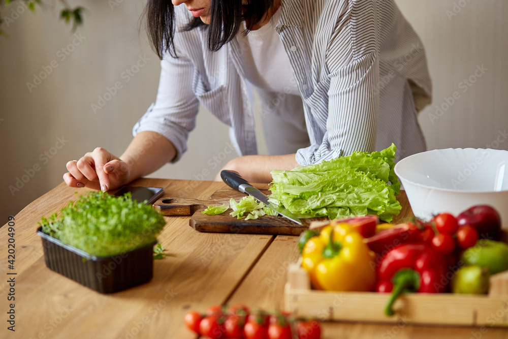Woman is cooking in the kitchen at home, using digital tablet or smarthone Woman is cooking in the kitchen at home, using digital tablet or smarthone