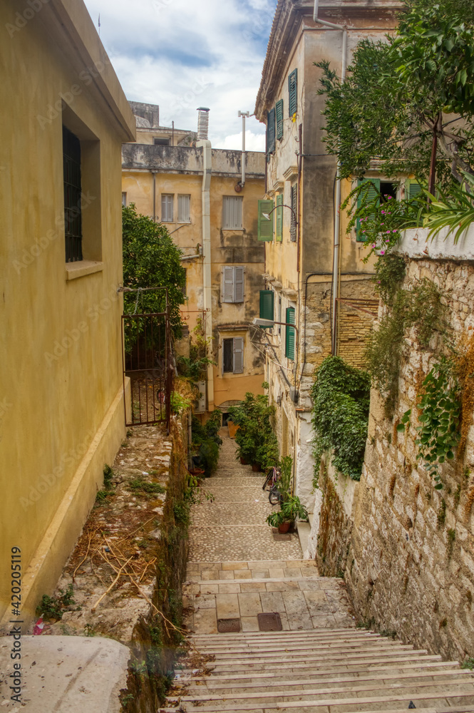 The island of Corfu. Streets of the city of Kerkyra, Ancient architecture. Summer landscape.