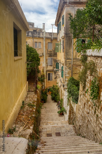 The island of Corfu. Streets of the city of Kerkyra  Ancient architecture. Summer landscape.