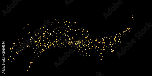 Gold glitter confetti on a black background. Shiny particles scattered, sand. Decorative element. Luxury background for your design, cards, invitations, vector