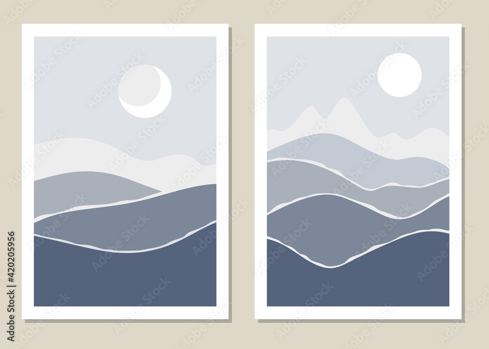 Art landscape wall. Abstract landscape  with mountains design for covers, posters, prints, wall art in a minimalist style. Vector.