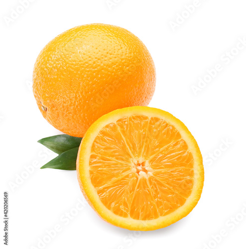 Ripe oranges on white background