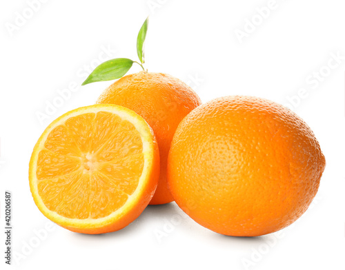 Ripe oranges on white background